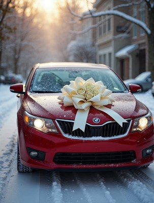 Red Car with White Bow in Snow