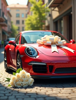 Red Porsche with giant bow and roses