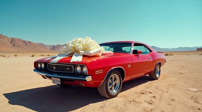 Red muscle car with white bow