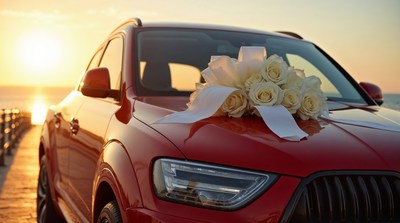 Red car with white rose bow on pier