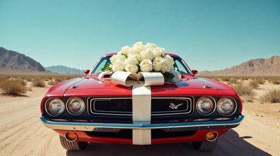 Red muscle car with white roses