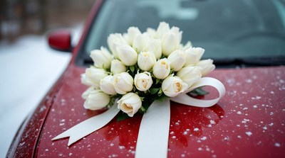 White Wedding Bouquet on Snowy Red Car