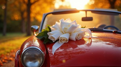 Red Convertible with White Rose Bouquet