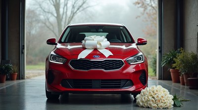 Red Kia Car with White Bow