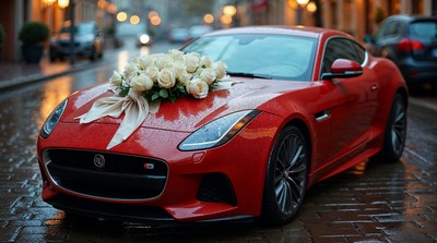 Red Jaguar car with white roses