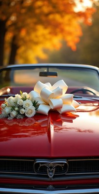 Red Convertible with White Wedding Bow