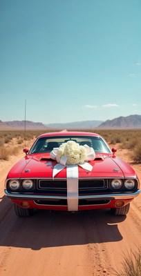 Red car with white ribbon bow