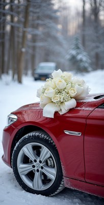 White Rose Bouquet on Snowy Red Car