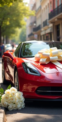 Red Corvette with Yellow Bow and Roses