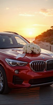 Red BMW X1 with Wedding Flowers at Sunset Beach
