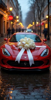 Red sports car with white rose bow
