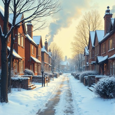 Snowy Street Lined with Red Brick Houses
