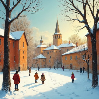 Winter Courtyard with People and Church