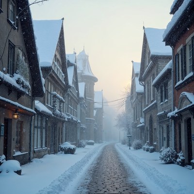 Snowy Cobblestone Street in European Village