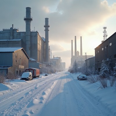 Snowy Industrial Factory Street Winter