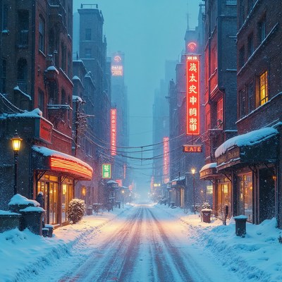 Snowy Neon-Lit Street in Chinese City