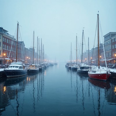 Snowy Boats in Foggy Canal