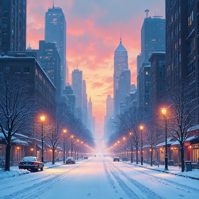 Snowy New York City Street at Sunset