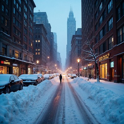 Lone Person Walking Snowy Urban Street