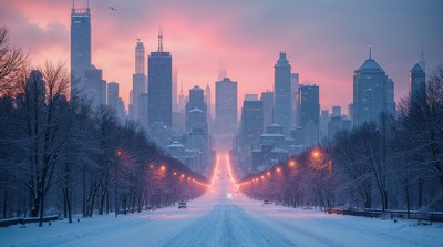 Snowy City Street with Skyscrapers