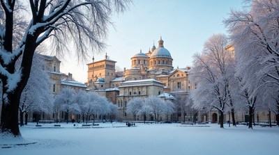 Snowy Basilica of Superga in Winter