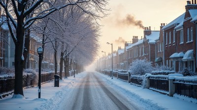 Snowy Street Lined with Terraced Houses