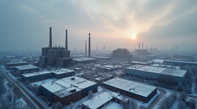 Industrial Complex in Snowy Sunrise