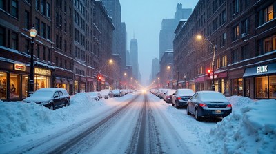 Snowy New York City Street at Dusk
