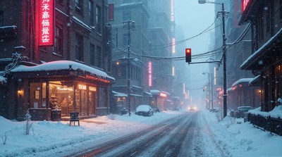 Snowy Neon-Lit Chinese Street at Night