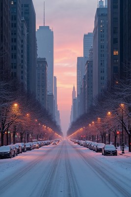 Snowy Manhattan Street at Sunset