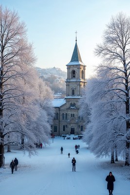 Snowy Church with People on Avenue