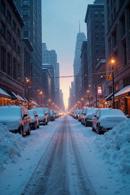 Snowy Street Lined with Parked Cars