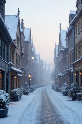 Snowy Cobblestone Street in European Town
