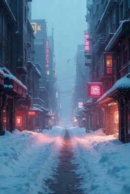 Snowy Neon-Lit Alley Street