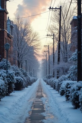 Snowy Street Lined with Trees and Houses