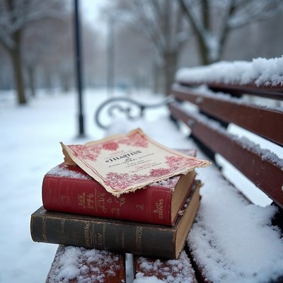 Old books on snowy park bench