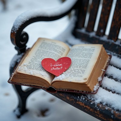 Open book with 'I love Jalle' heart on snowy bench