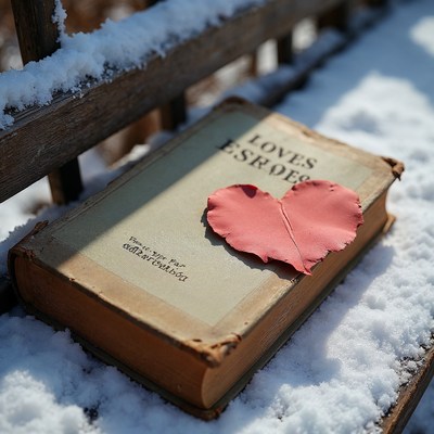 Old book with heart leaf in snow