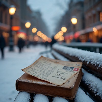 Old Postcard and Book on Snowy Bench