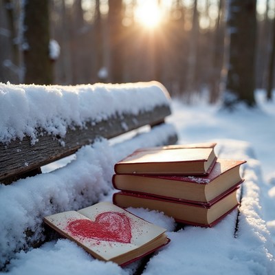 Snowy Bench with Books and Heart