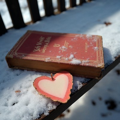 Red Book and Heart on Snowy Bench