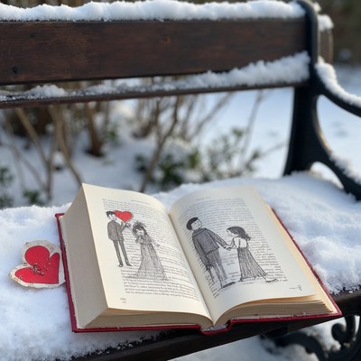 Open book with couple illustration on snowy bench