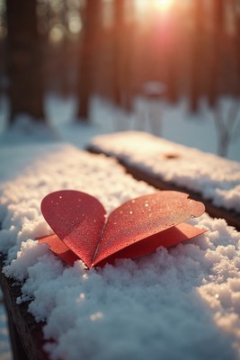 Red paper heart on snowy bench
