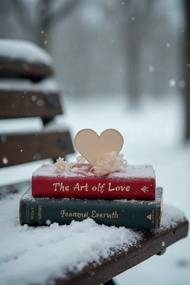 Snowy Books and Heart on Bench