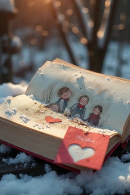 Open book with illustrated children in snow
