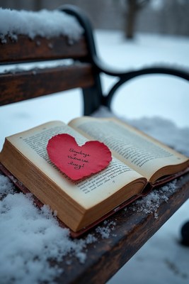 Open book with heart on snowy bench