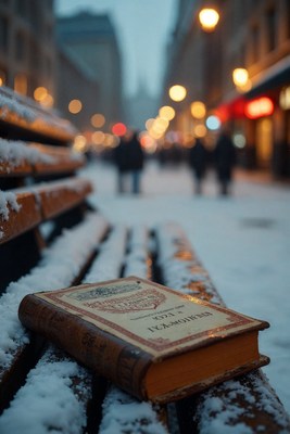 Open book on snowy bench in street