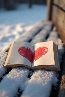 Open book with red heart in snow