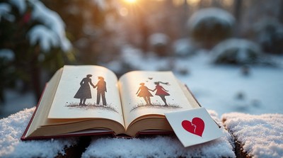 Open book with couple silhouettes in snow