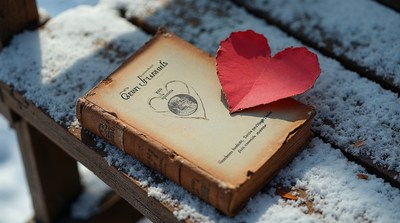 Les Miserables book with red heart on snowy bench